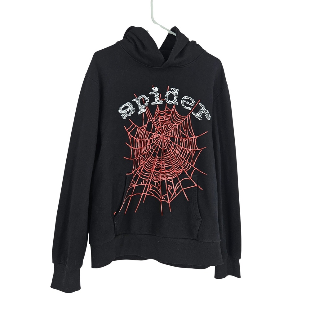 SPIDER Graphic Hoodie Sweatshirt Black Spiderweb Rhinestone Embellished Size L